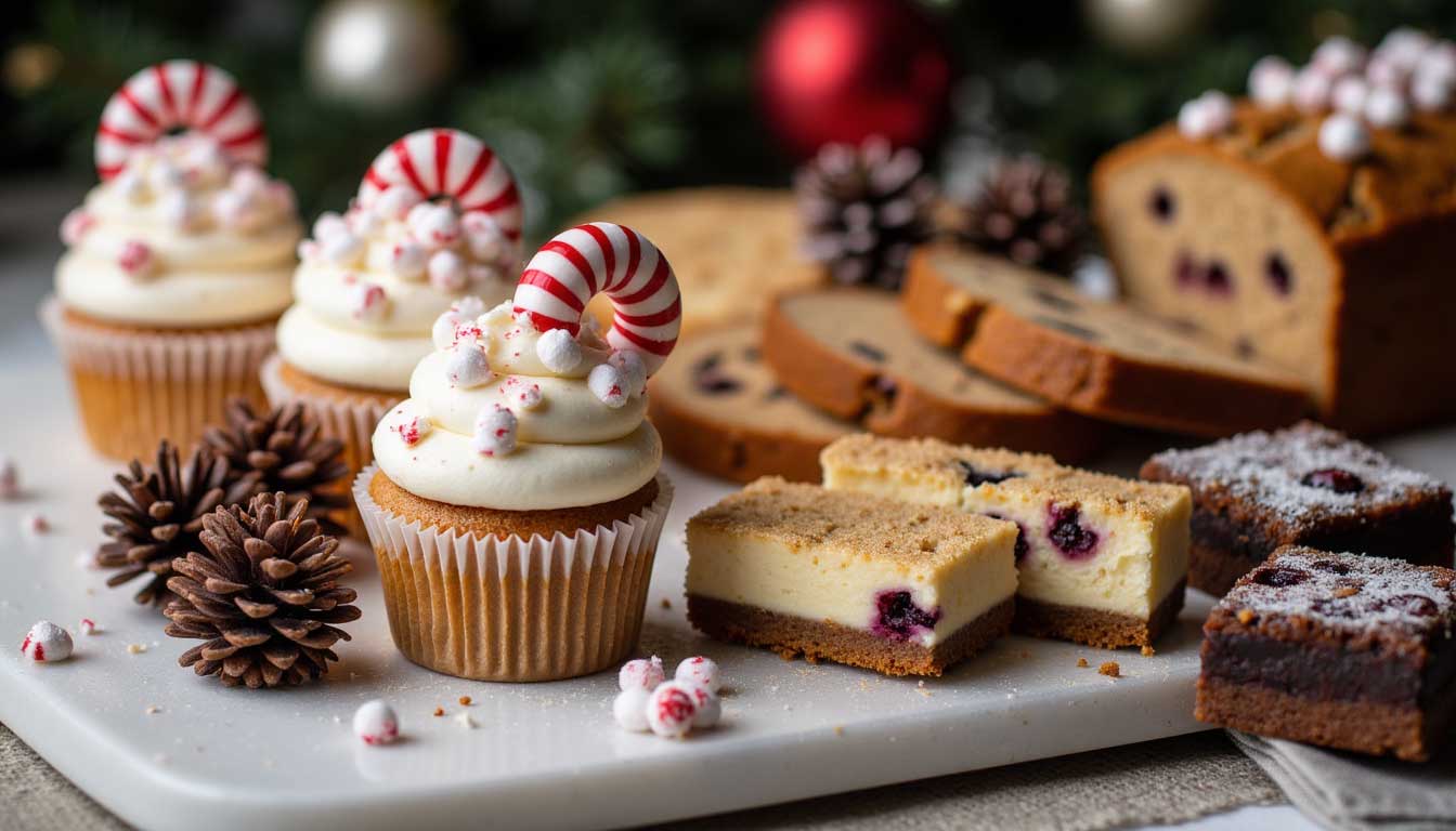 Assorted winter bakery desserts including peppermint cupcakes, cheesecake bars, gingerbread loaf, and brownies displayed on a festive table — perfect bakery-ready treats that sell
