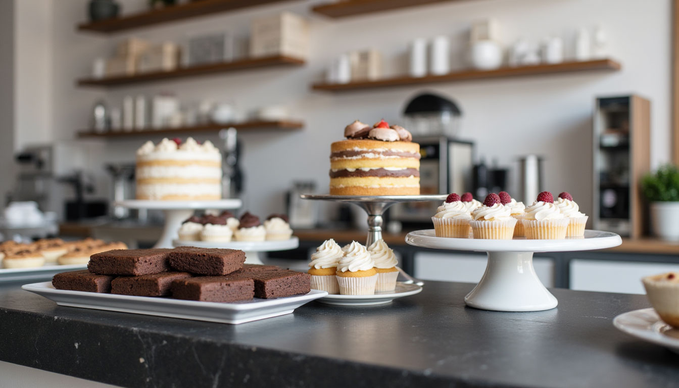 Modern bakery display showing decadent cakes, cupcakes, and brownies arranged on slate and white stands, symbolizing a successful bakery expansion with inviting desserts and a professional shop interior.