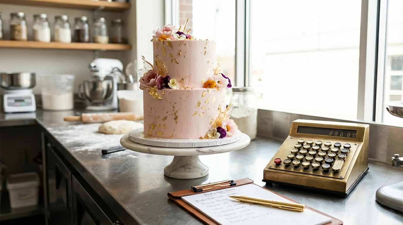 Two-tier pink custom cake with gold leaf details sitting on a stainless steel bakery table next to a vintage calculator and clipboard for pricing calculations.