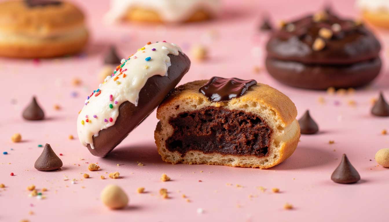 A bright close-up of a single-serve chocolate-filled cake on a pink background, showing a fudgy center, soft golden crumb, glossy chocolate topping, and colorful sprinkles. Scattered chips and crumbs around the dessert highlight texture and bakery trends