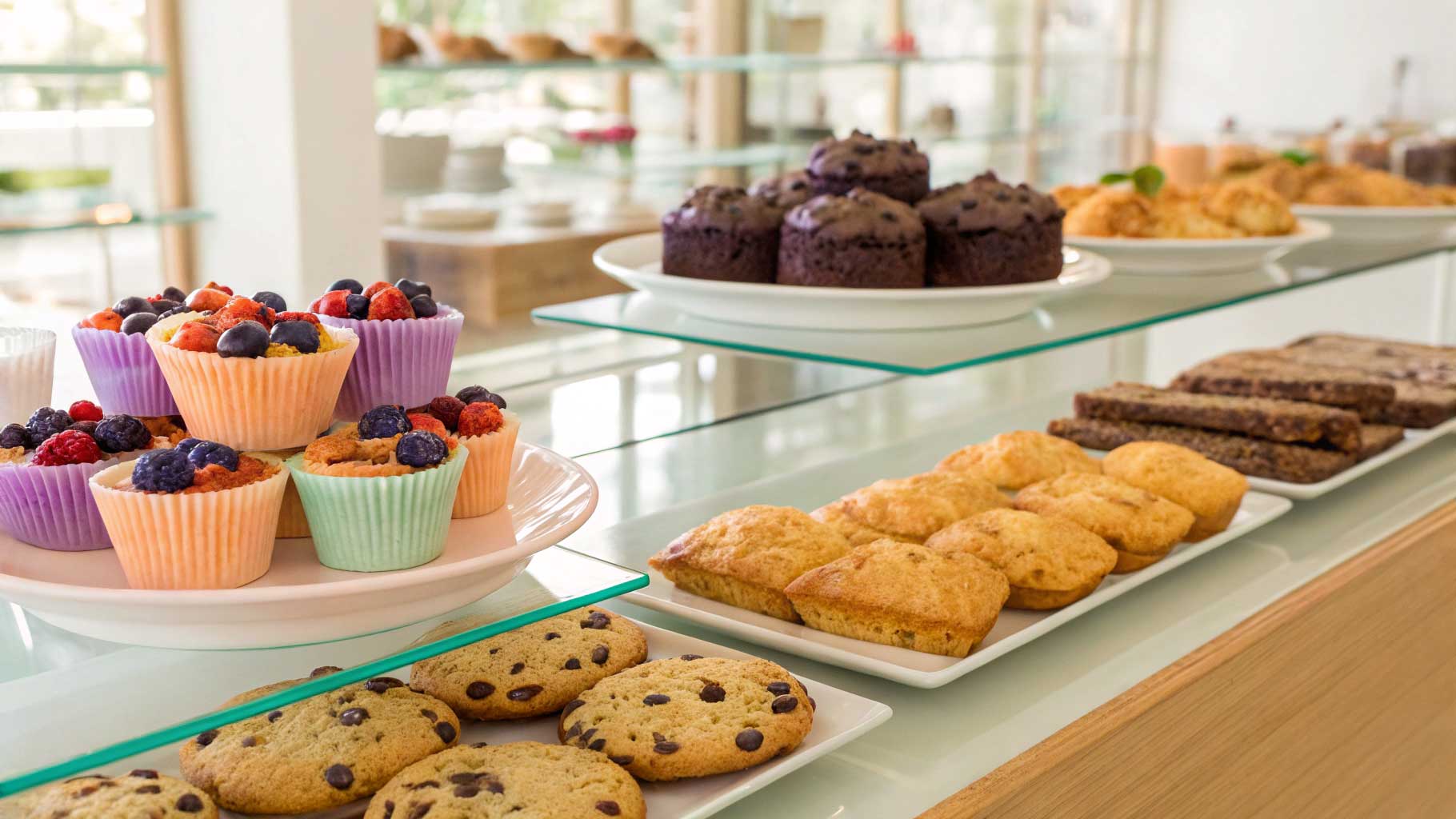 a bright bakery counter scene with colorful and healthy baked goods